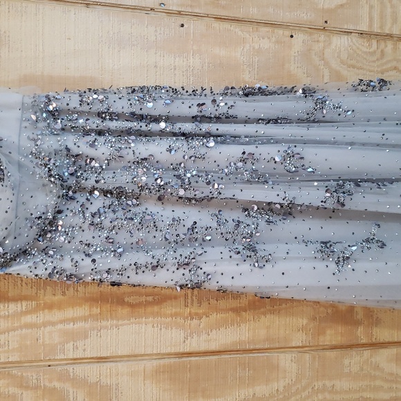 Park108 Silver Gray One Shoulder Sequin Illusion Chiffon Maxi Gown Dress Size 4 - Picture 6 of 9